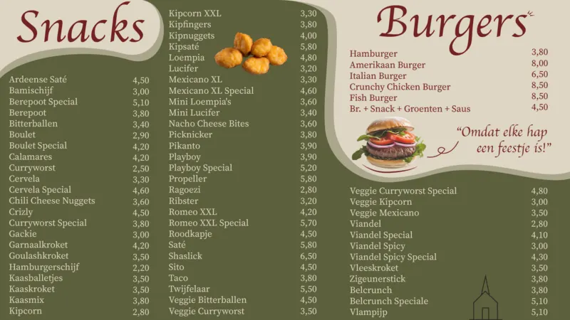 Menubord van AanDeKerk met snacks, burgers en bicky's