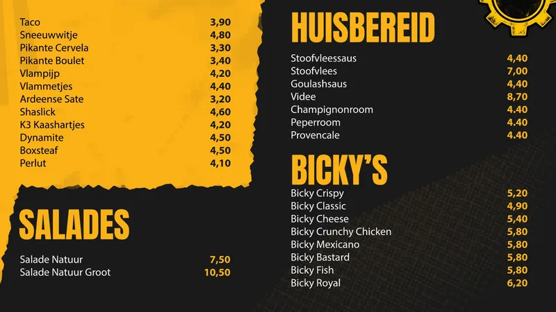 Menubord van De Friet Factory met snacks, salades, huisbereide sauzen en bicky's